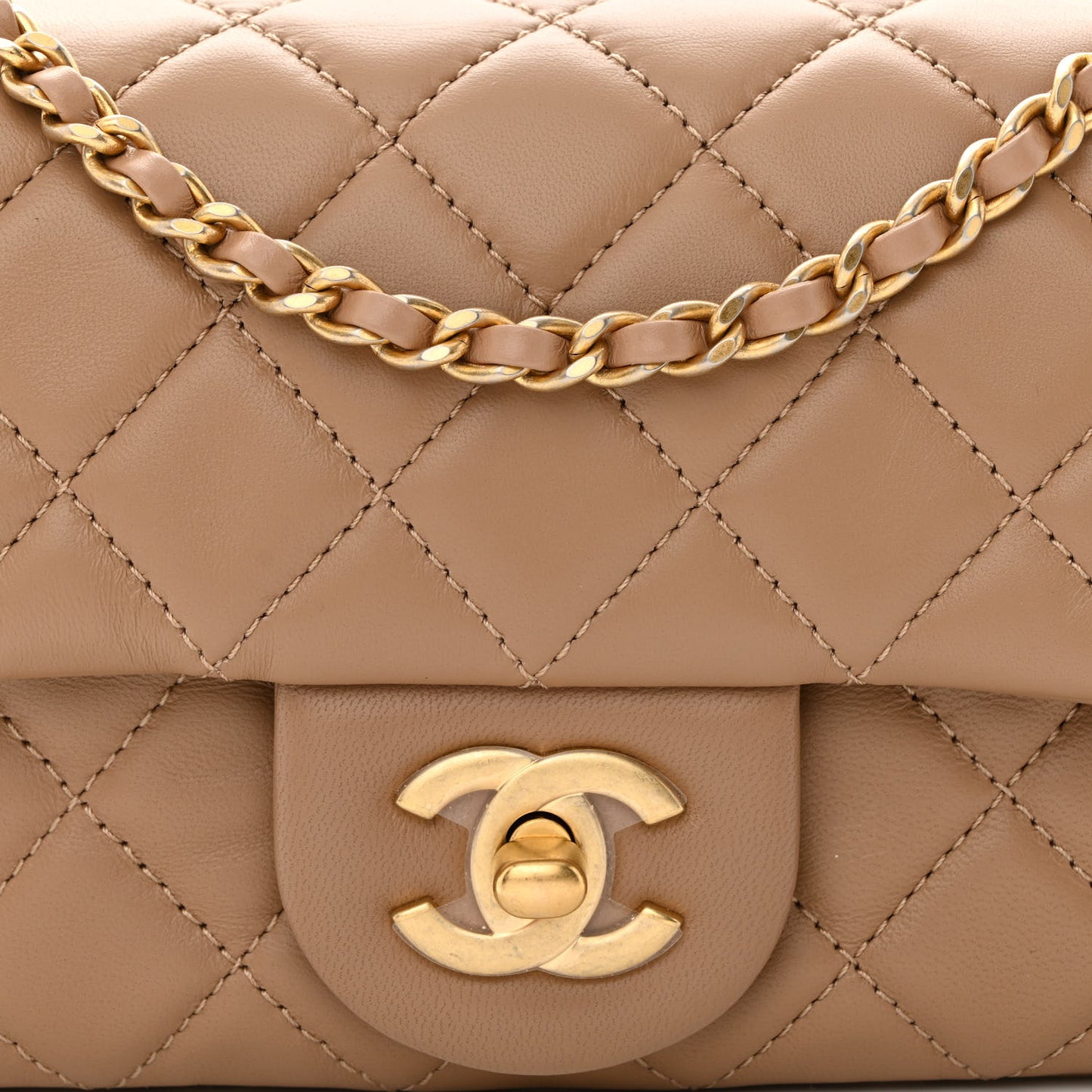 Lambskin Quilted Mini Rectangular Pearl Crush Flap Dark Beige