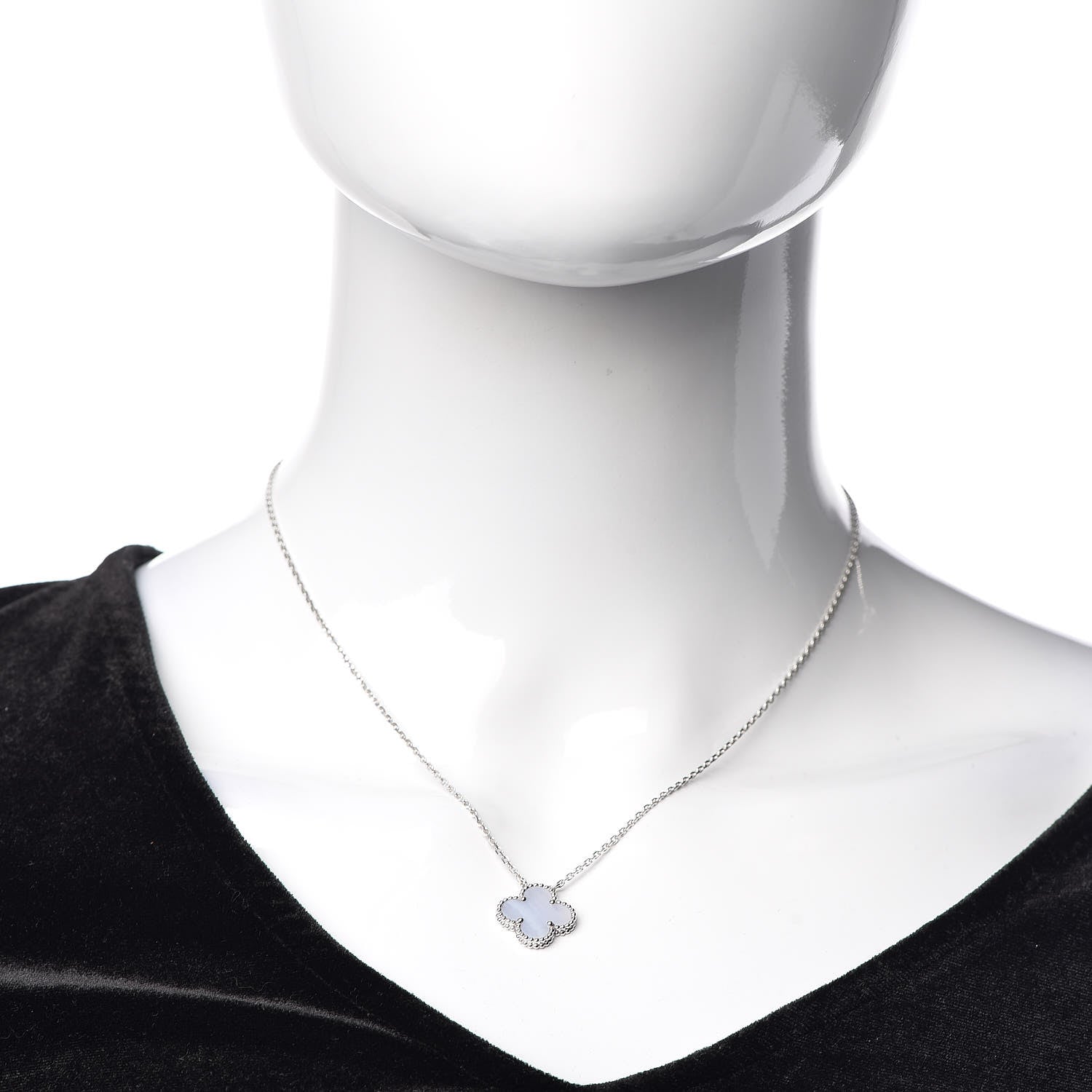 Van Cleef & Arpels 18K White Gold Chalcedony Vintage Alhambra Pendant Necklace 2 of 7
