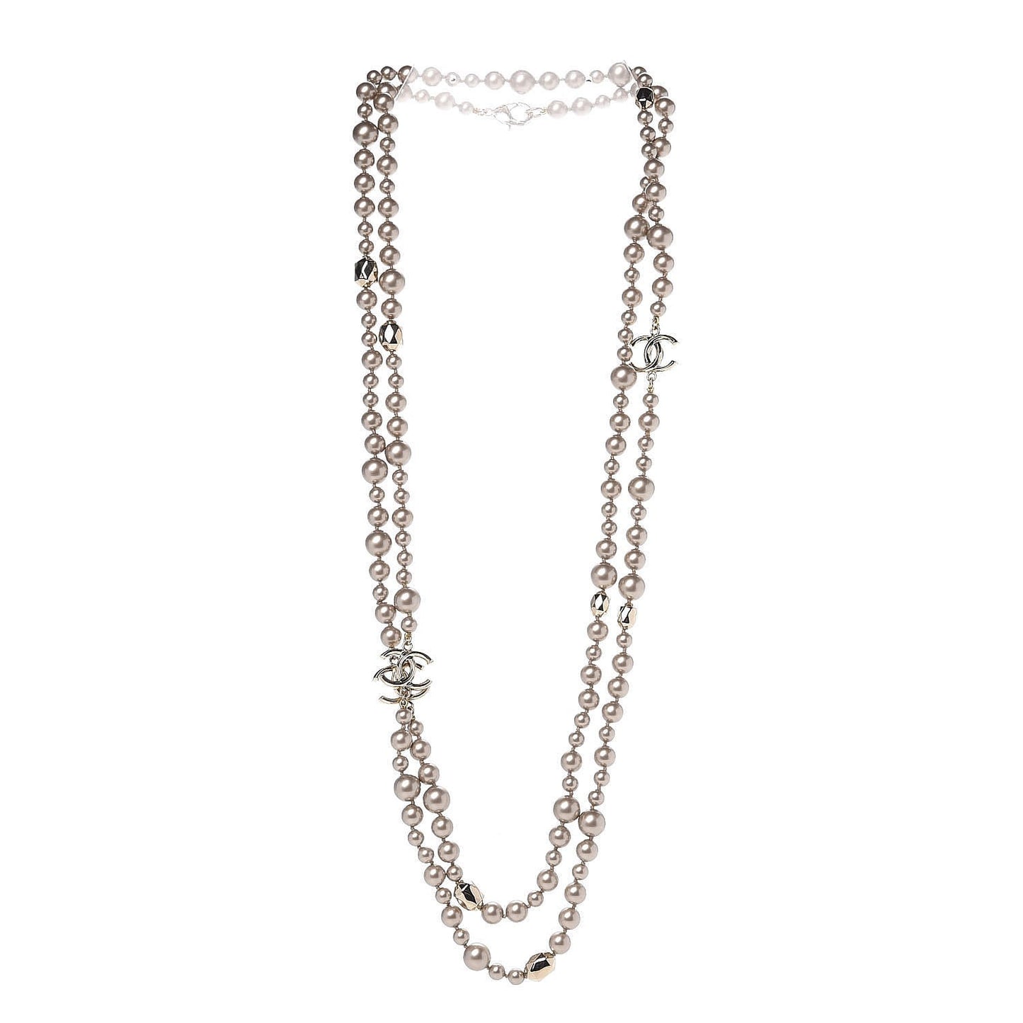 Pearl CC Long Necklace Gold Pearly Beige