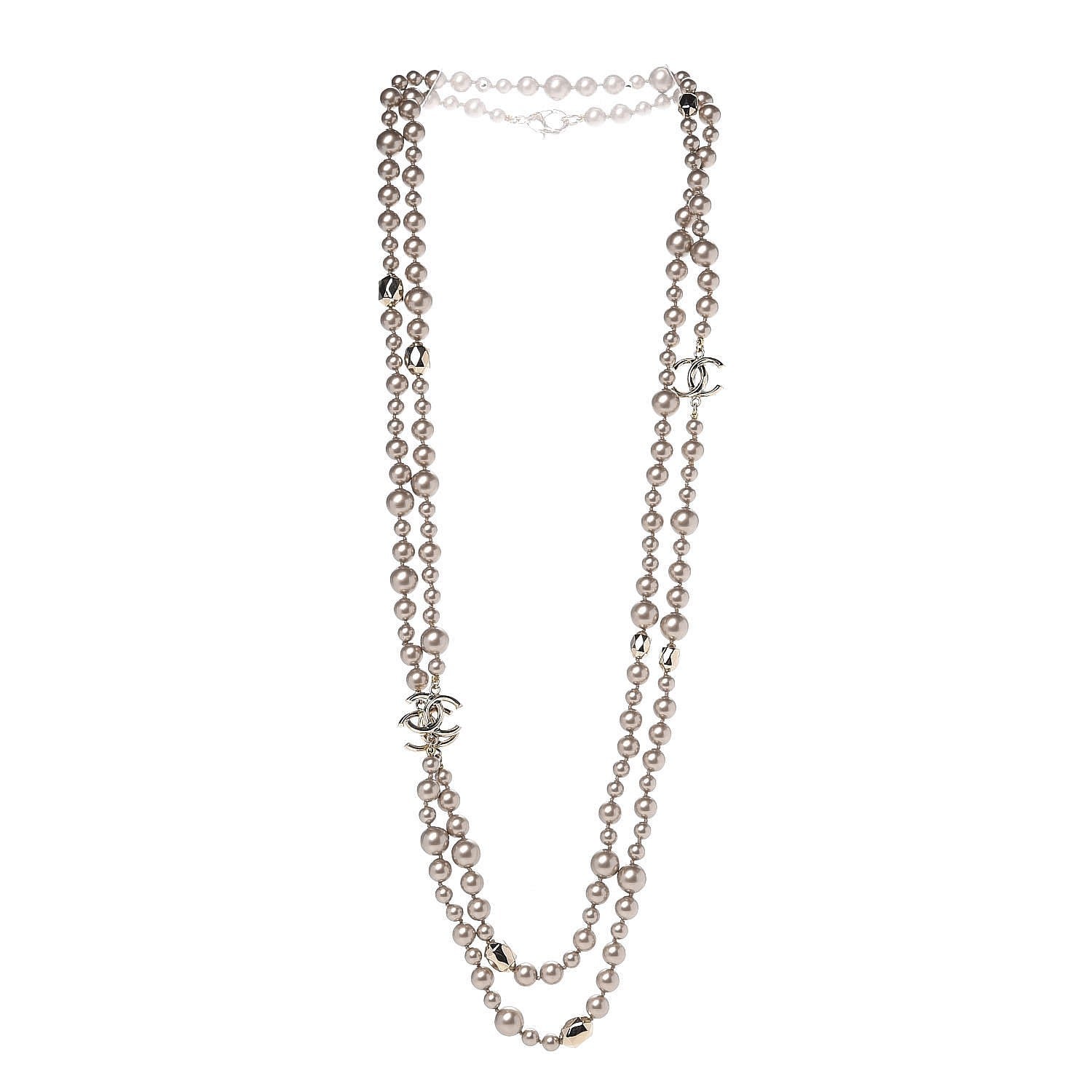 Chanel Pearl CC Long Necklace Gold Pearly Beige 3 of 5