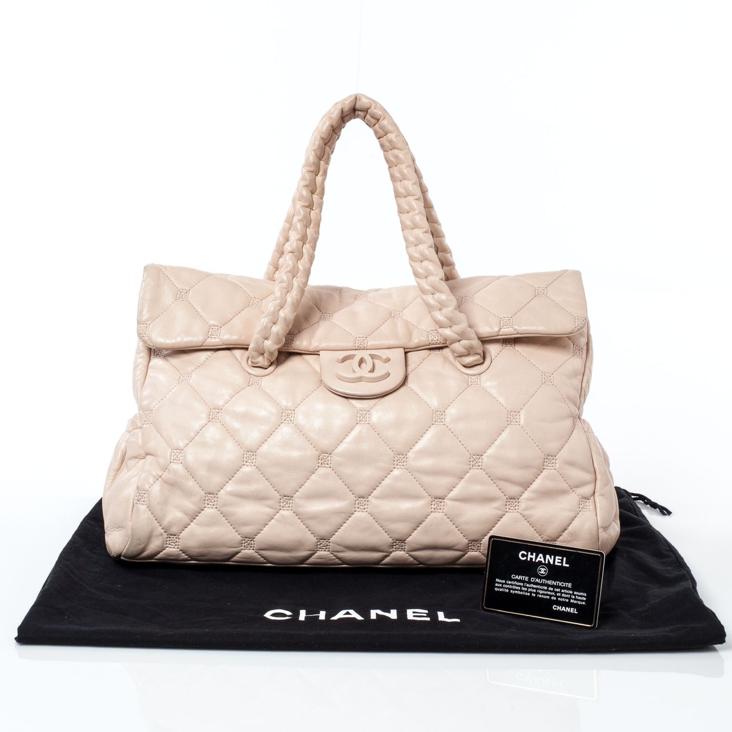 Quilted Lambskin Large Hidden Chain Flap Bag Beige