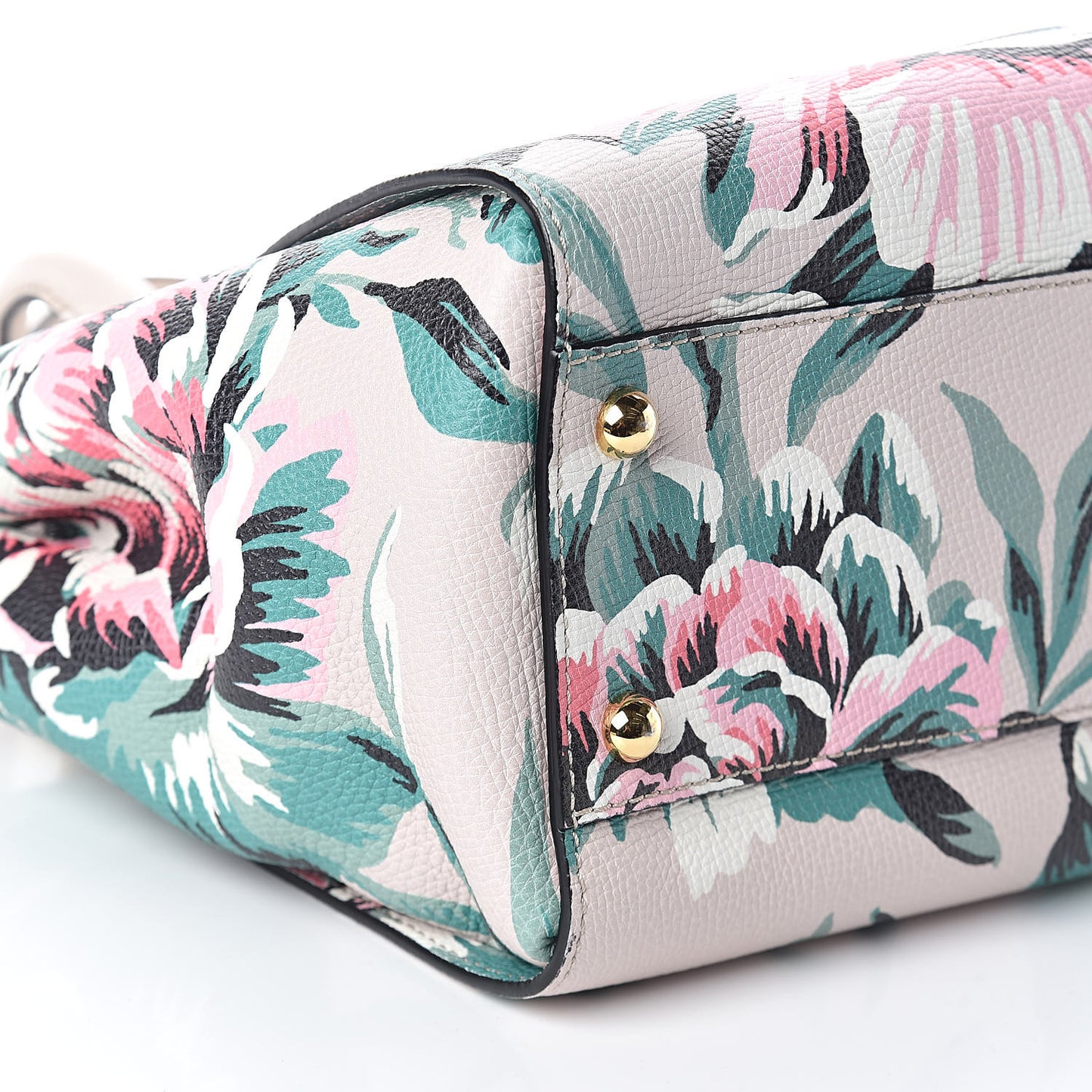 Soft Grain Calfskin Floral Print Medium Buckle Tote Natural Emerald Green
