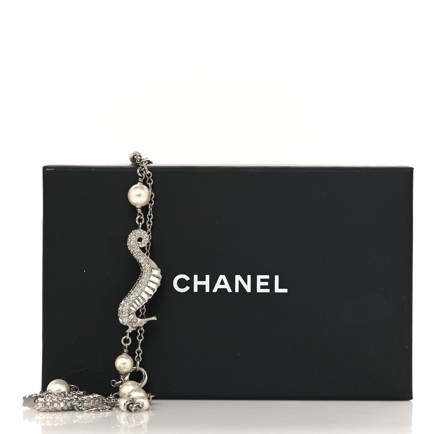 Crystal Baguette Pearl CC Seahorse Long Necklace Silver
