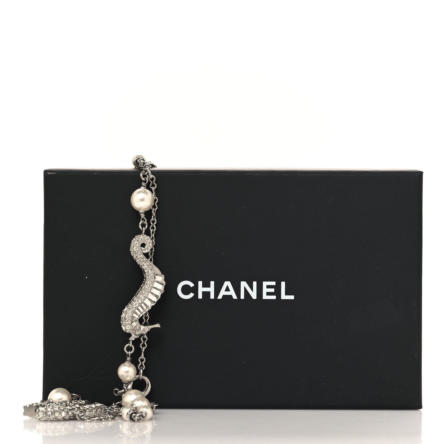 Chanel Crystal Baguette Pearl CC Seahorse Long Necklace Silver 5 of 5