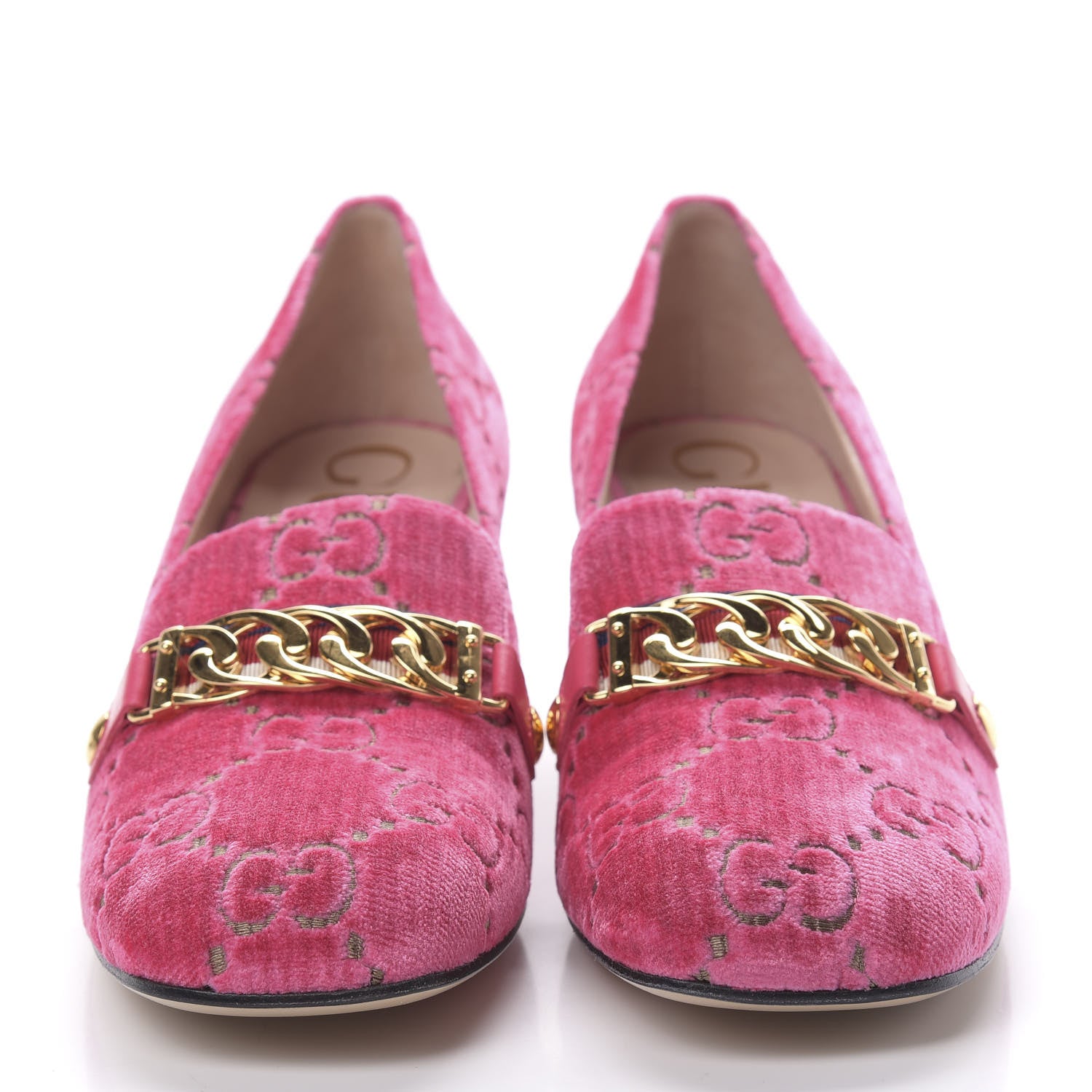 Gucci Velvet GG Monogram Sylvie Web Chain Mid Heel Loafers 40 Bright Pink 2 of 11