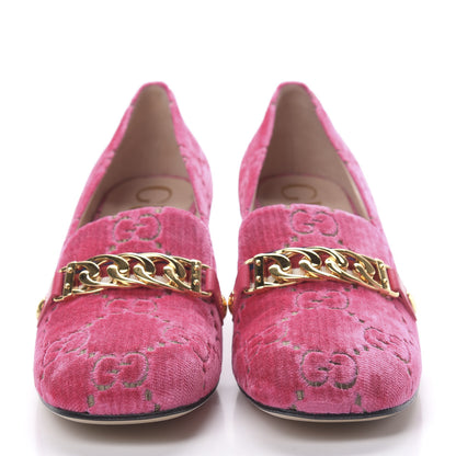 Gucci Velvet GG Monogram Sylvie Web Chain Mid Heel Loafers 40 Bright Pink 2 of 11