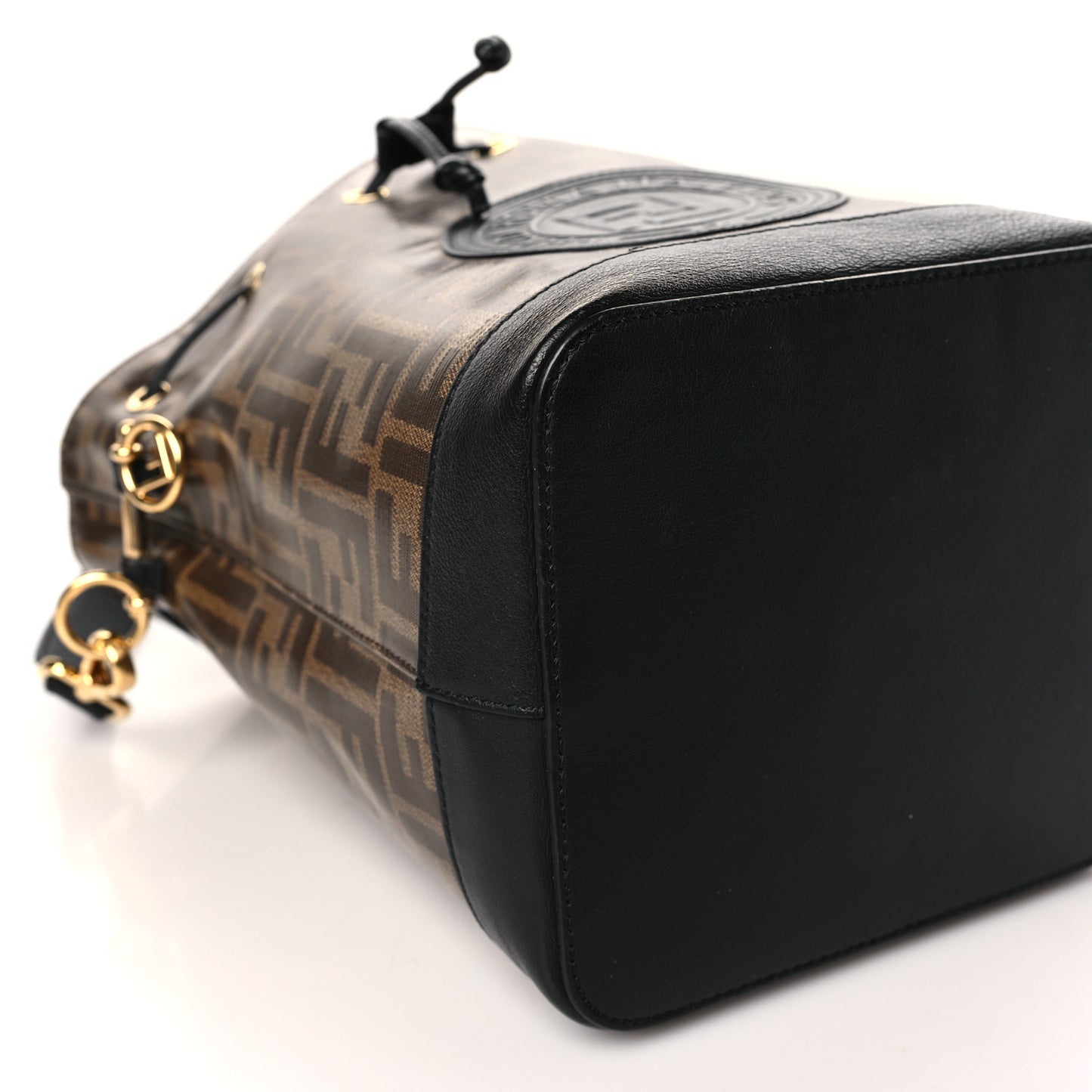 Glazed Fabric Vitello Grace F is Fendi FF 1974 Stamp Patch Grande Mon Tresor Bucket Bag Mogano Panna Black