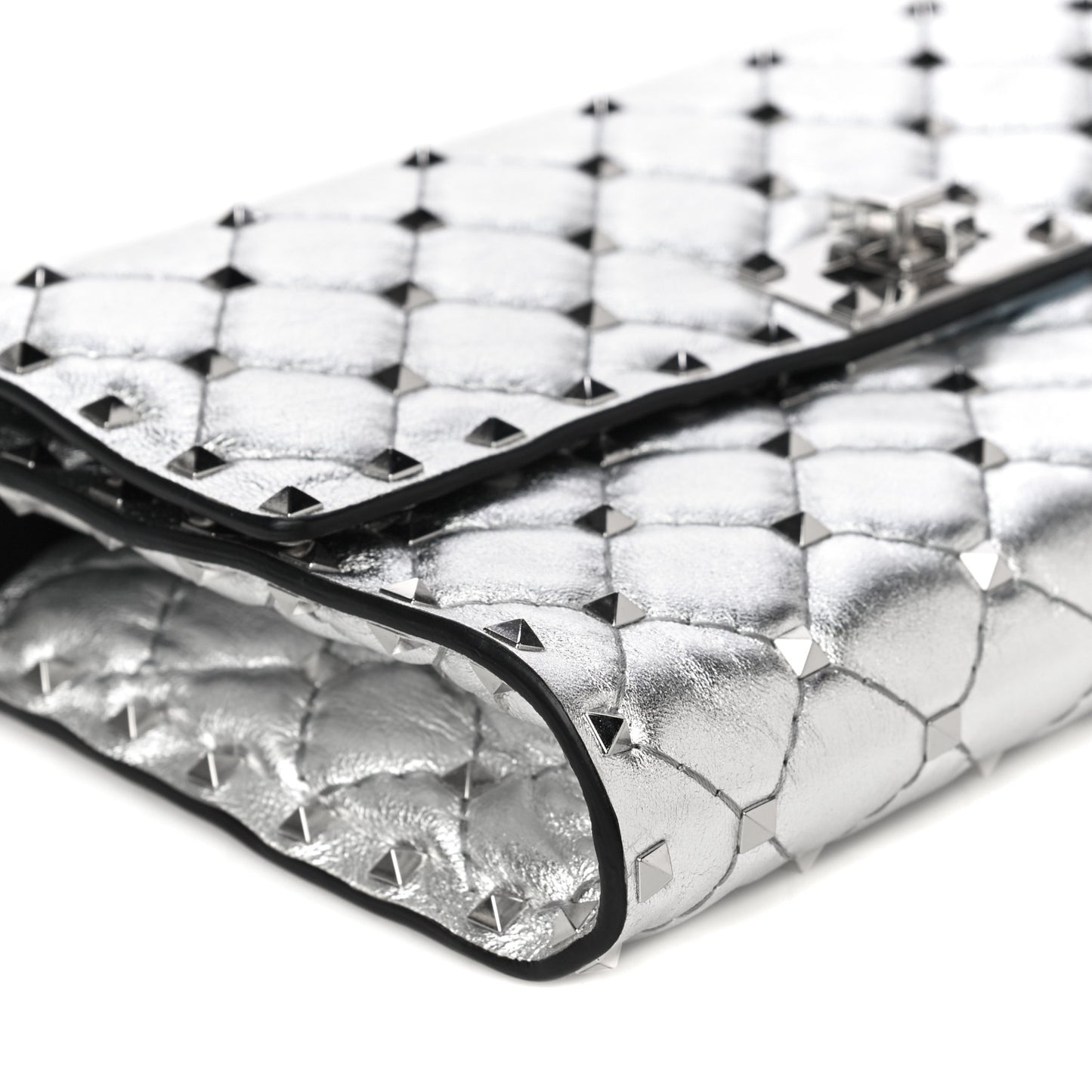 Metallic Nappa Rockstud Spike Wallet on Chain Silver
