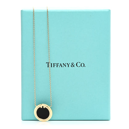 Tiffany 18K Yellow Gold Diamond Black Onyx 16mm T Circle Pendant Necklace 5 of 5