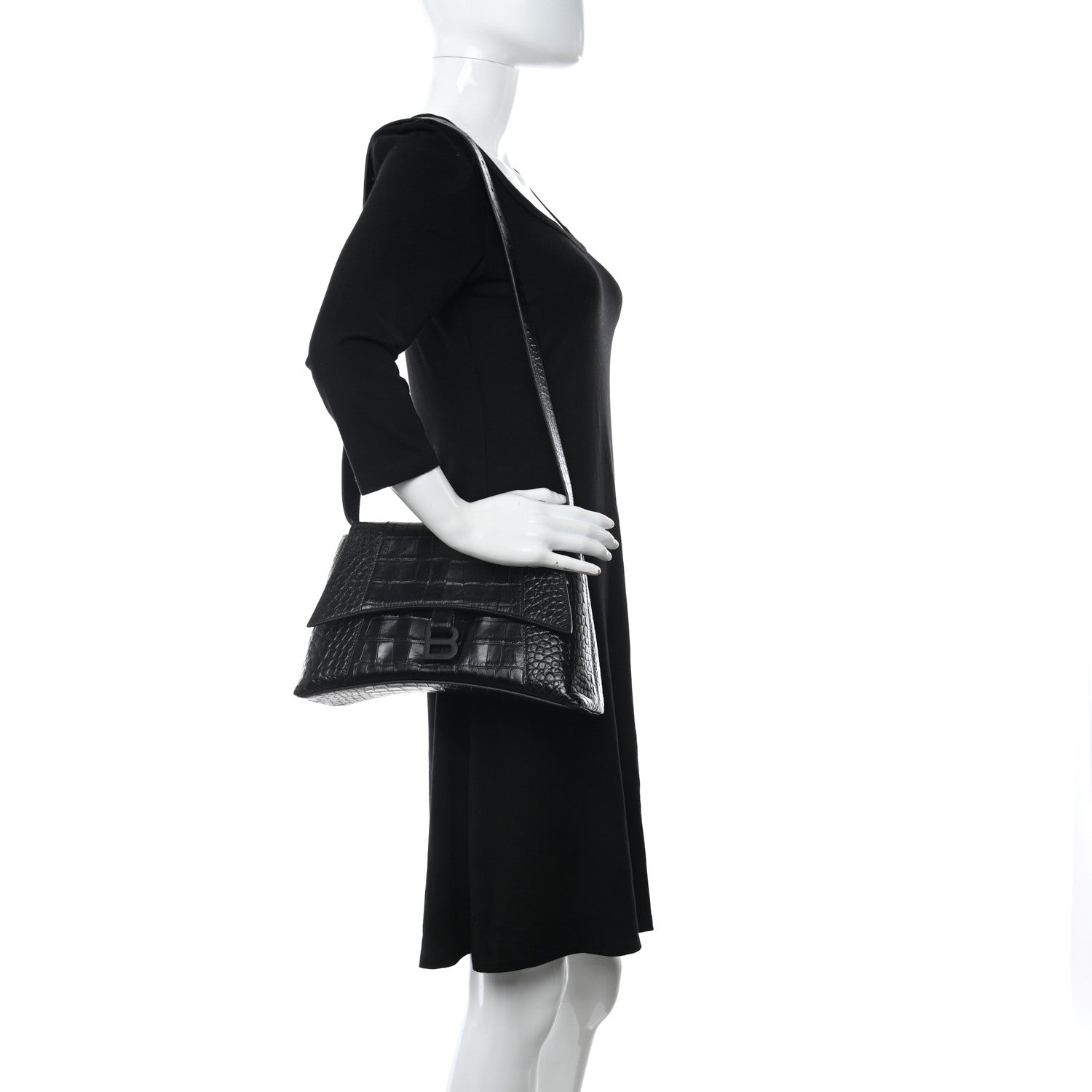 Balenciaga Extra Supple Calfskin Crocodile Embossed Monochrome Small Downtown Shoulder Bag Black 2 of 8