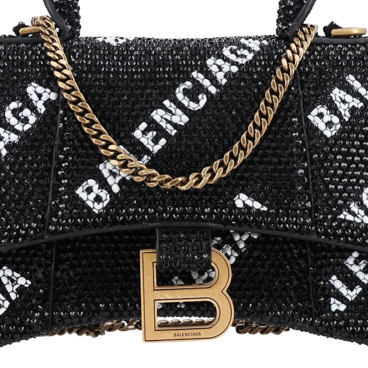Balenciaga Strass Suede Allover Logo Hourglass Top Handle Bag XS with Chain Black White 8 of 10