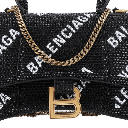 Balenciaga Strass Suede Allover Logo Hourglass Top Handle Bag XS with Chain Black White 8 of 10