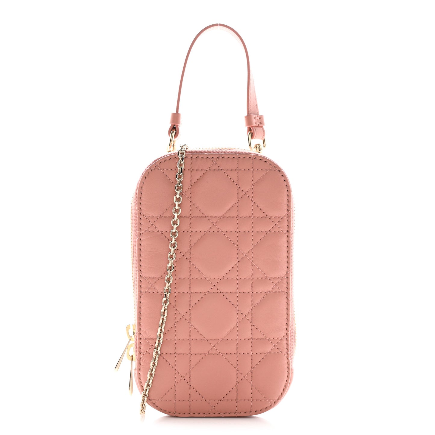 Lambskin Cannage Lady Dior Phone Holder Deep Nude