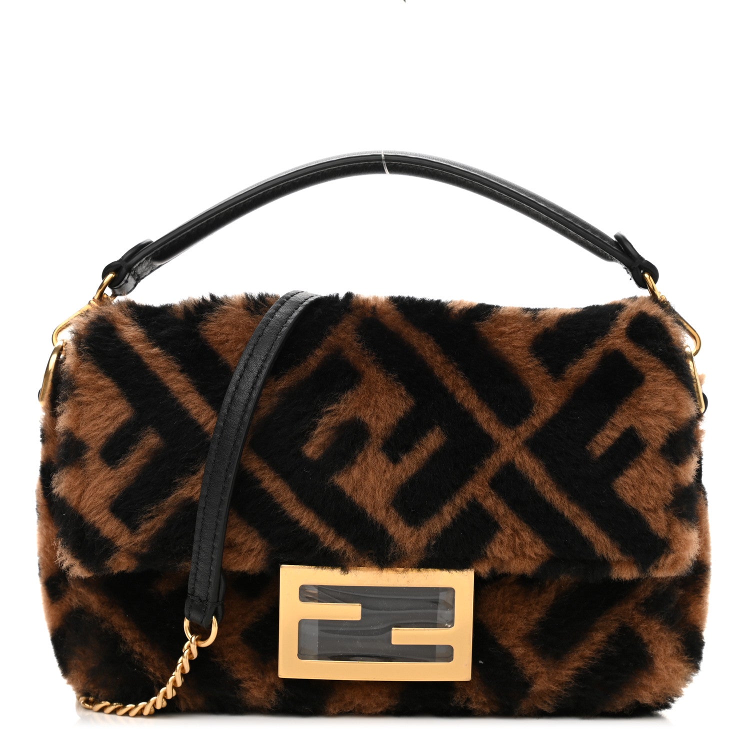 Fendi Shearling Vitello Dolce Macro FF 1974 Mini Baguette Tobacco Black 1 of 10