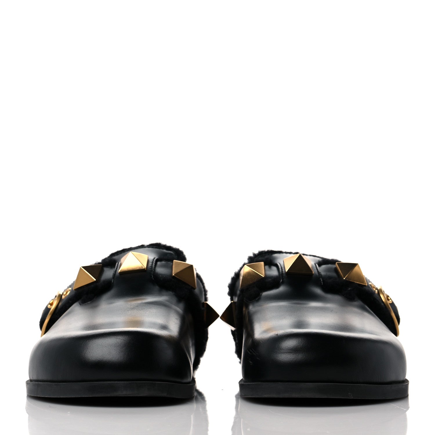 Valentino Garavani Calfskin Shearling Roman Stud River Slippers 36 Black 2 of 7