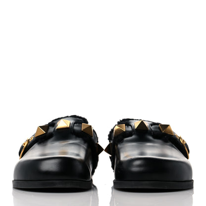 Valentino Garavani Calfskin Shearling Roman Stud River Slippers 36 Black 2 of 7