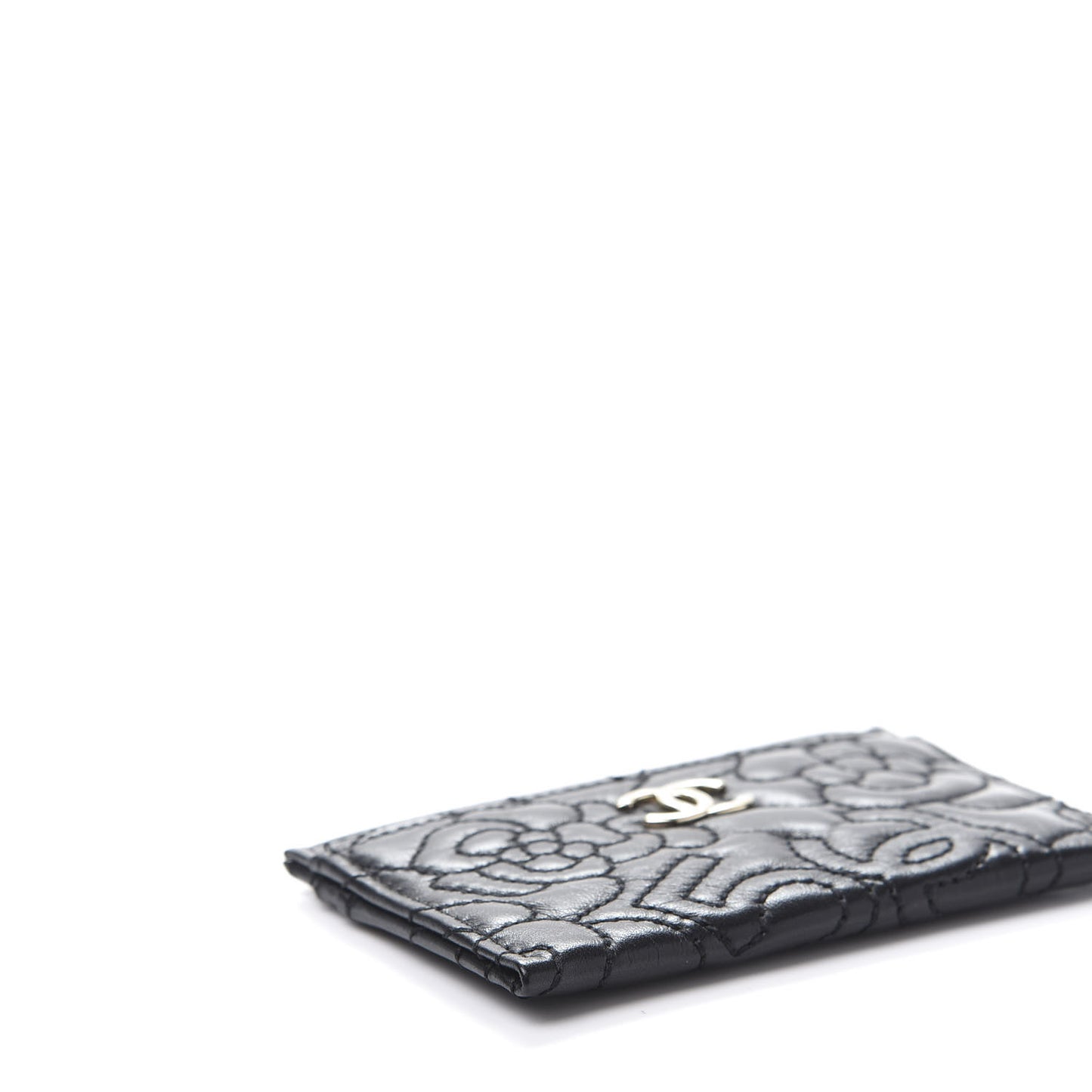 Lambskin Camellia Stitched Card Holder Black
