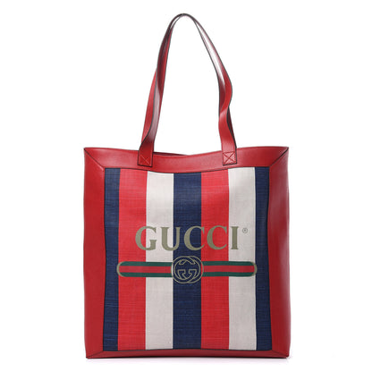 Gucci Canvas Calfskin Sylvie Stripe Logo Mens Tote Red White Blue 1 of 9