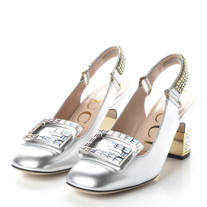 Gucci Metallic Nappa Crystal Square G Madelyn Slingbacks 36 Silver 3 of 9