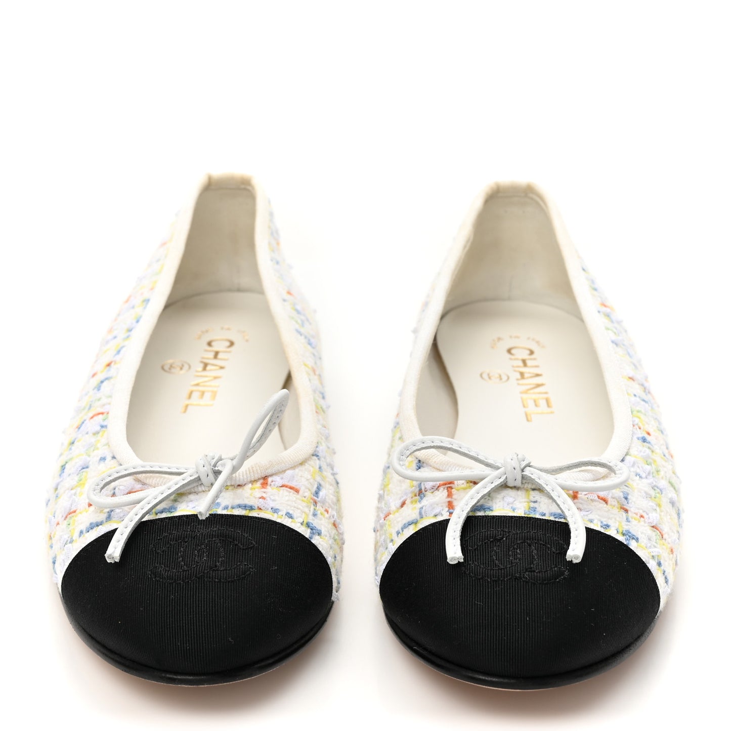 Tweed Grosgrain Cap Toe Ballerina Flats 37 White Multicolor 37.5 White Multicolor