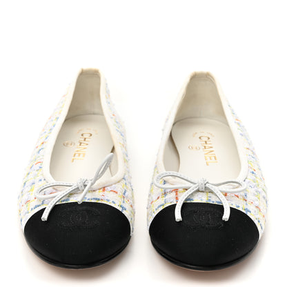 Chanel Tweed Grosgrain Cap Toe Ballerina Flats 37 White Multicolor 37.5 White Multicolor 3 of 11