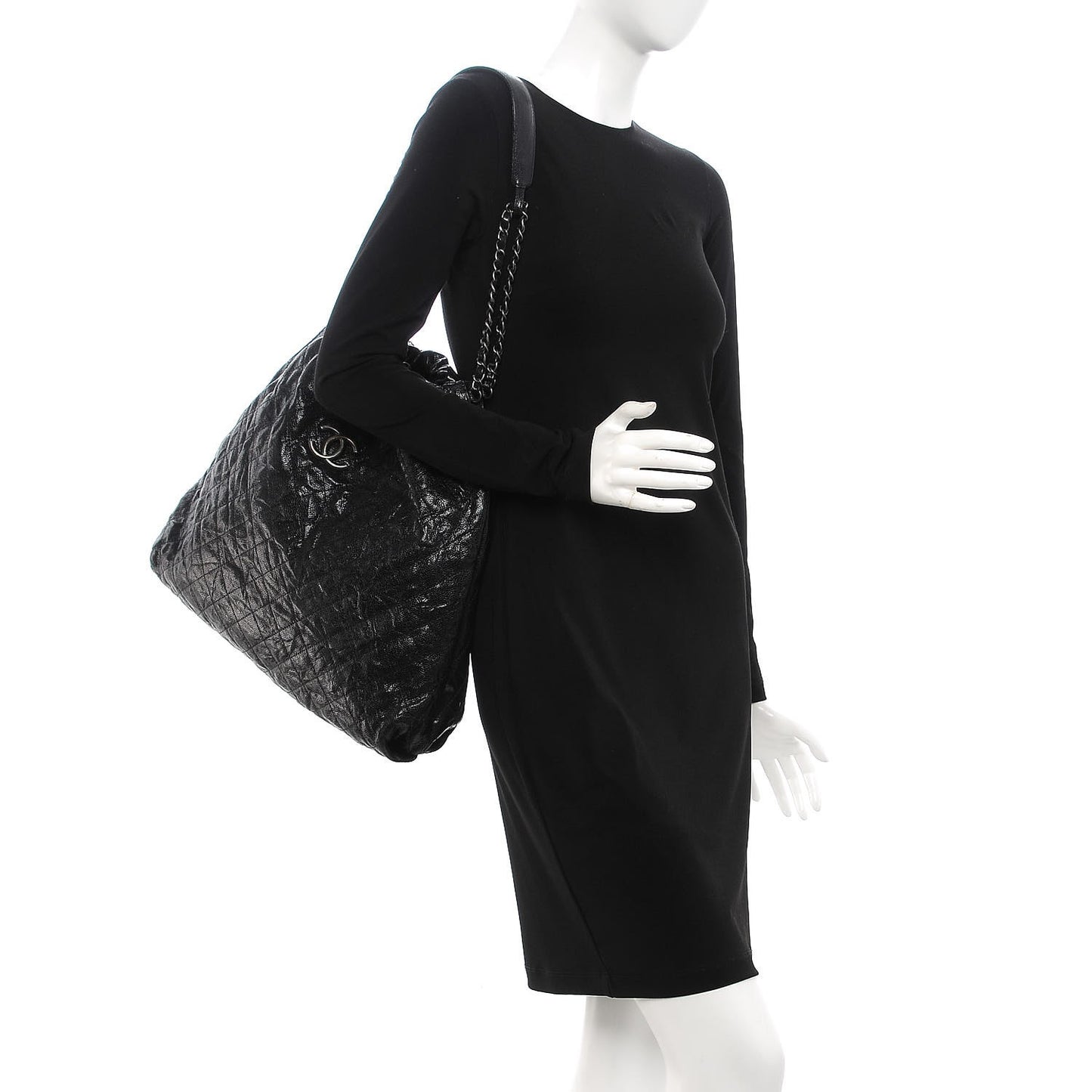 Distressed Glazed Caviar Quilted Large Elastic Tote Black