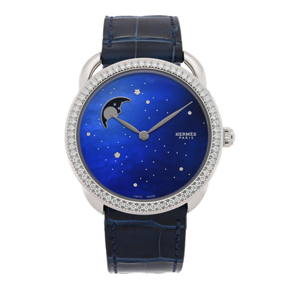 Hermes Stainless Steel Alligator Diamond Bezel Blue Mother of Pearl 38mm Arceau Petite Lune Automatic Watch Bleu Saphir 1 of 5
