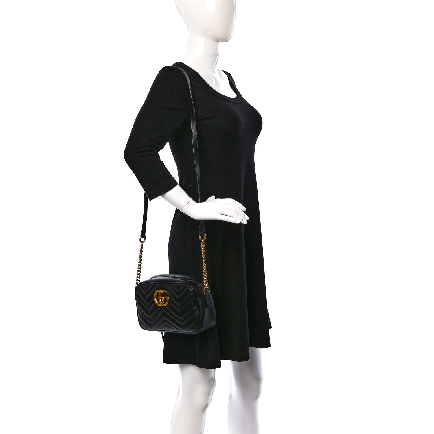Gucci Calfskin Matelasse Small GG Marmont Chain Shoulder Bag Black 3 of 13