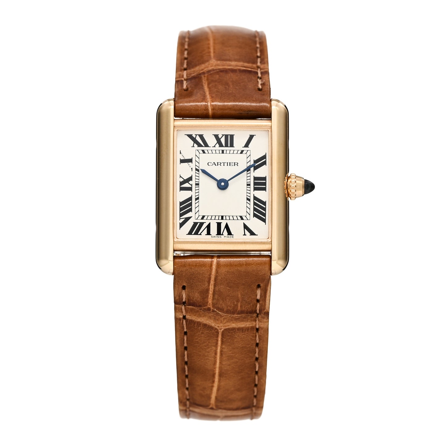 18K Yellow Gold Alligator 22mm Tank Louis Quartz Watch Brown Brown