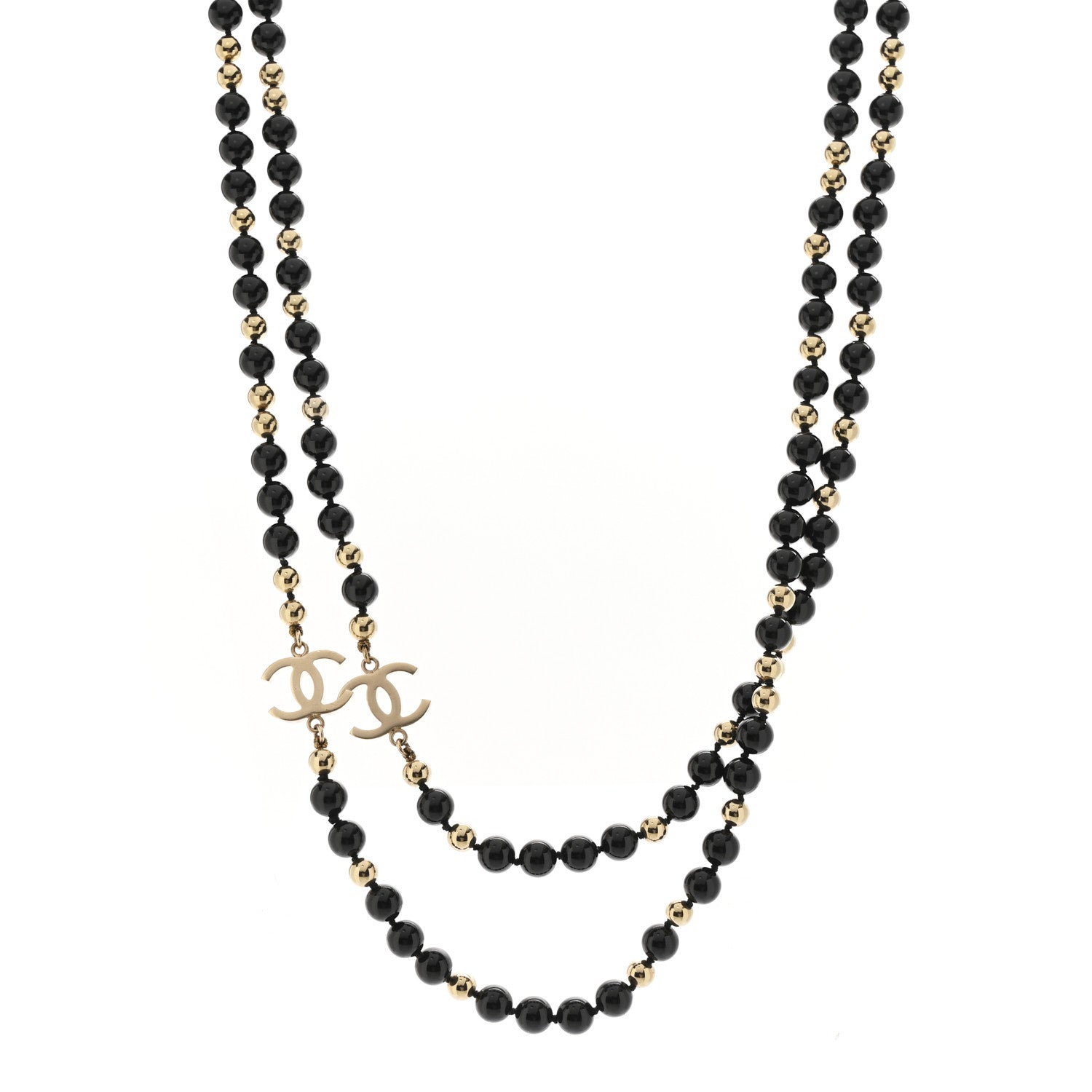 Chanel Metal Beaded CC Long Necklace Gold Black 1 of 6