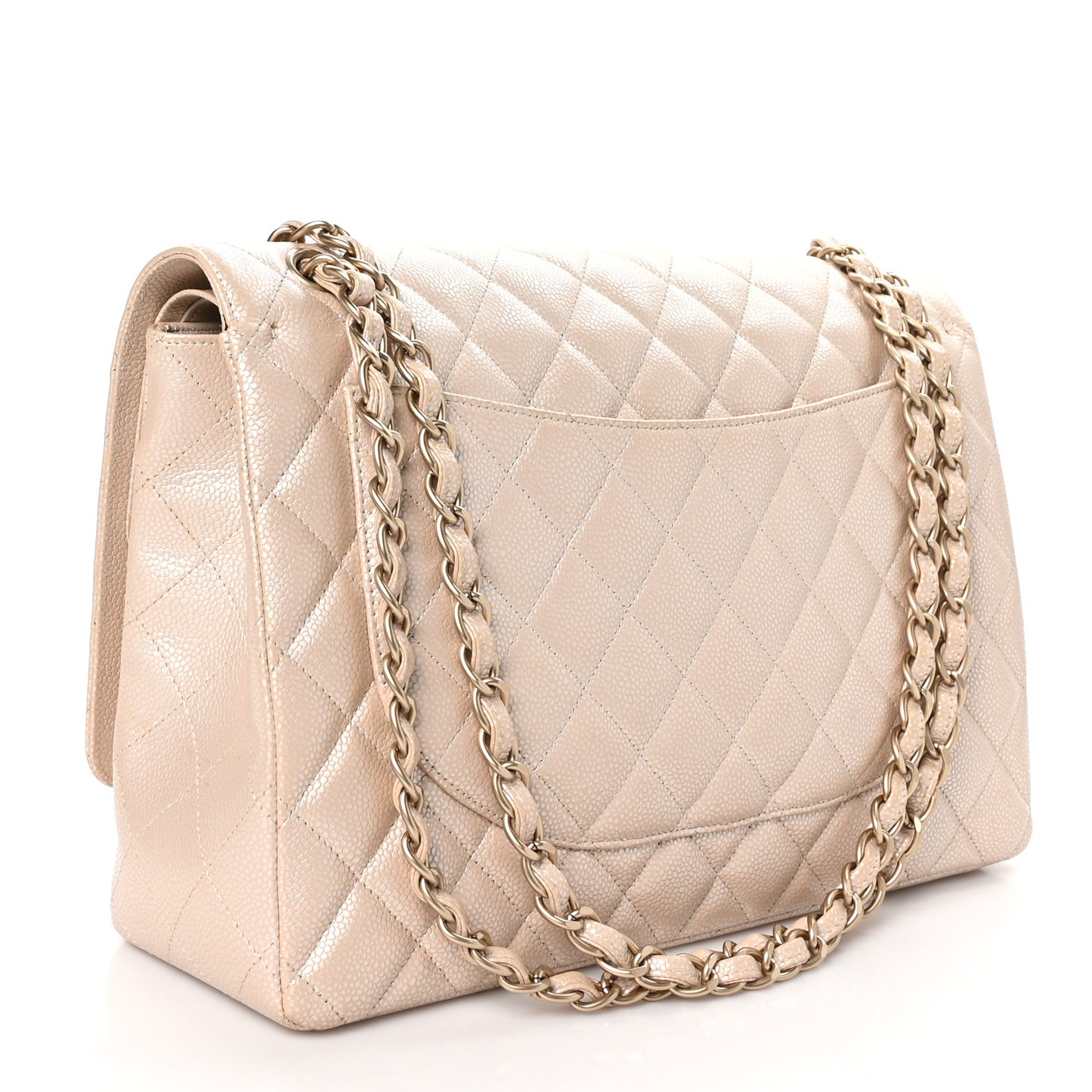 Iridescent Caviar Quilted Maxi Double Flap Beige