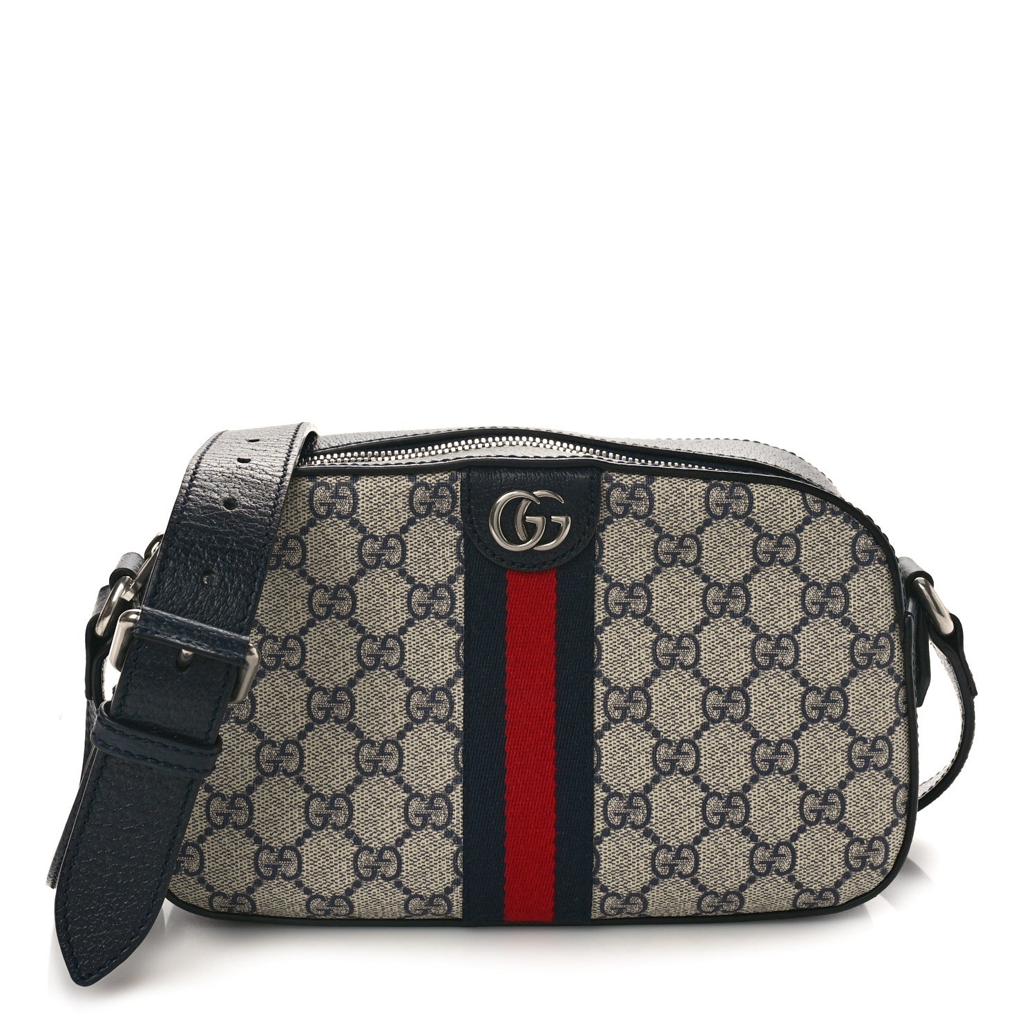 Gucci GG Supreme Monogram Textured Dollar Calfskin Web Small Ophidia Camera Bag Beige Blue 1 of 8