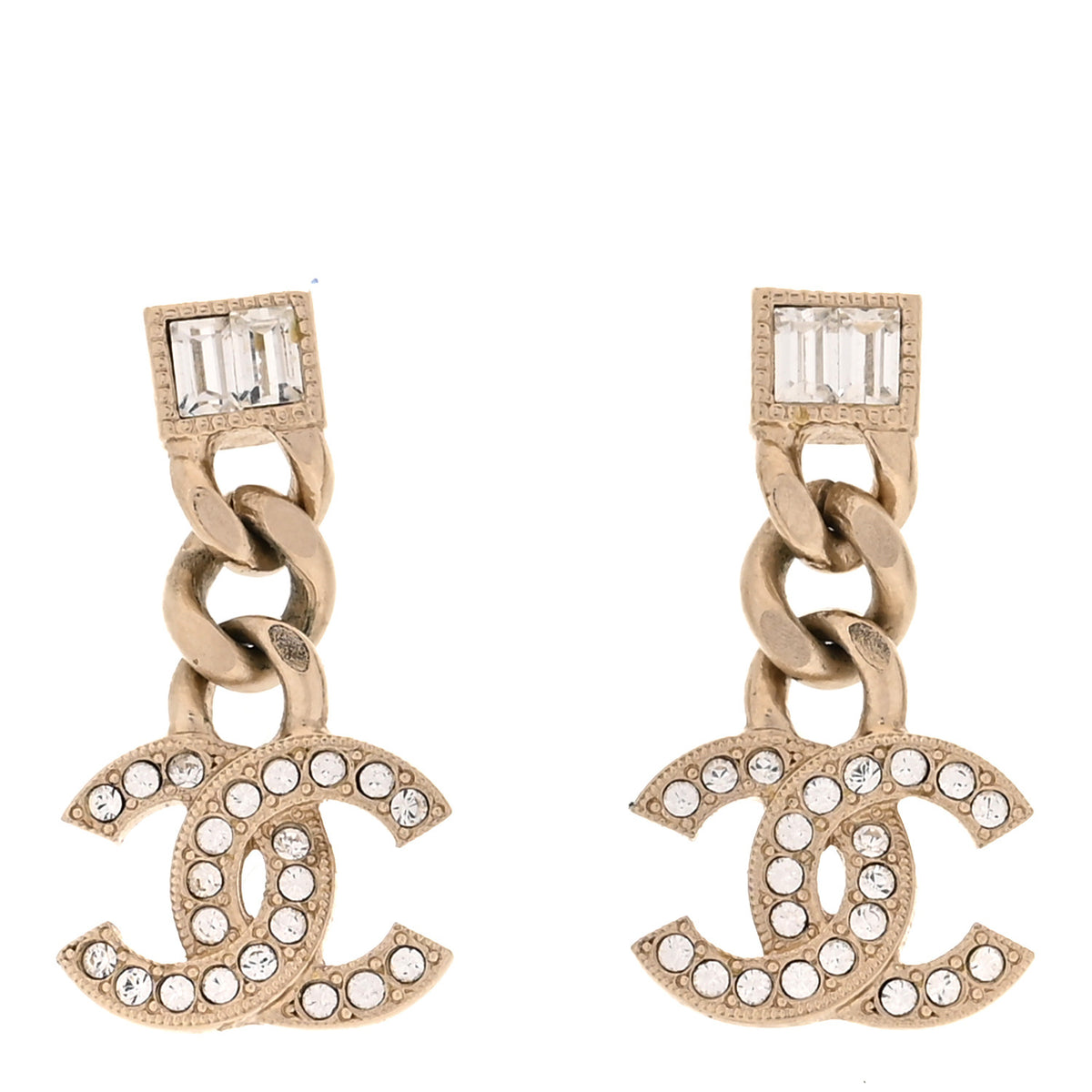 Metal Crystal Baguette CC Chain Drop Earrings Gold