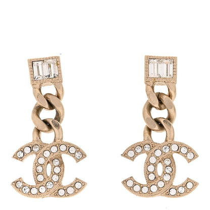 Chanel Metal Crystal Baguette CC Chain Drop Earrings Gold 1 of 5