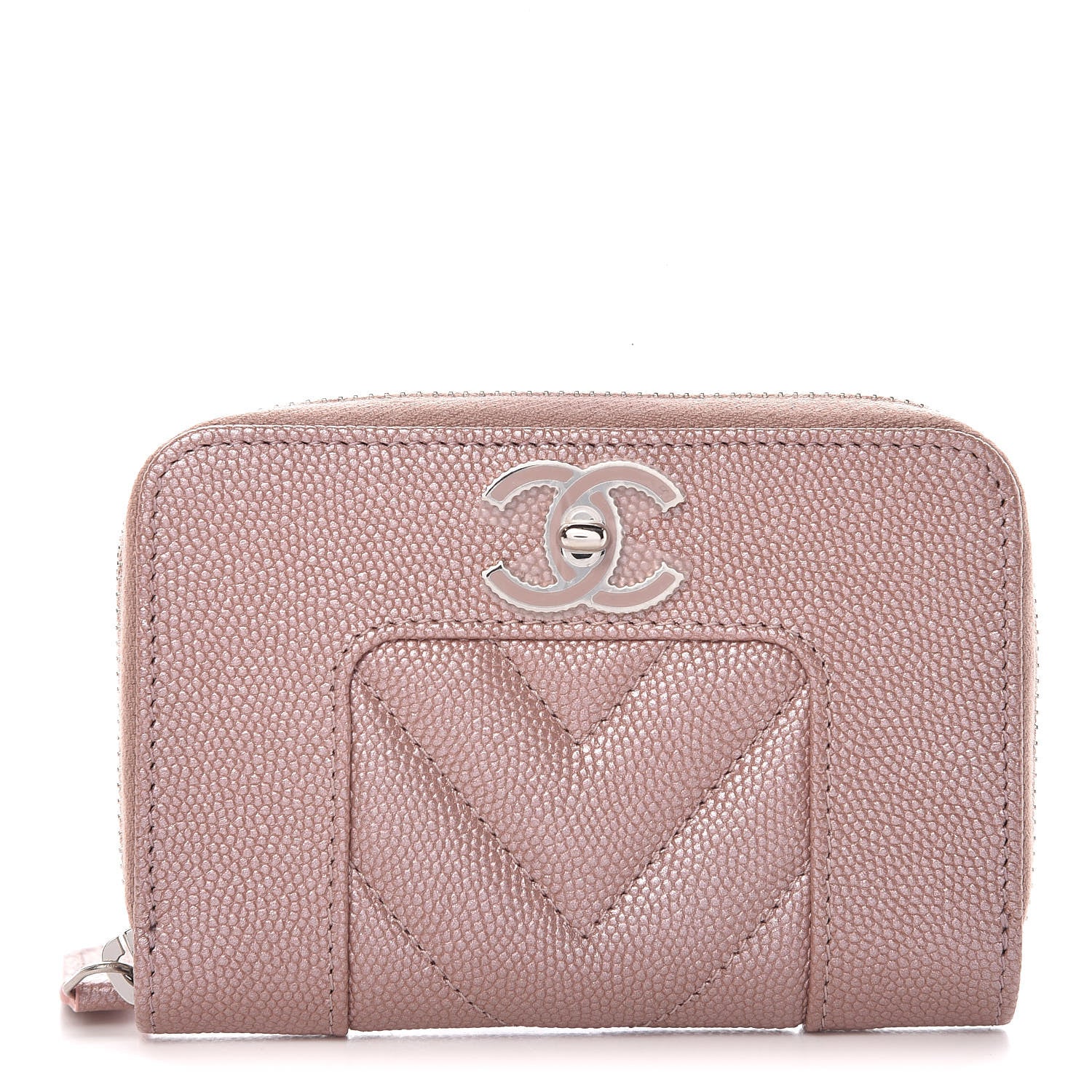 Chanel Metallic Caviar Chevron Quilted Vintage Mademoiselle Zip Coin Purse Pink 1 of 8