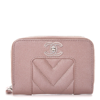 Chanel Metallic Caviar Chevron Quilted Vintage Mademoiselle Zip Coin Purse Pink 1 of 8