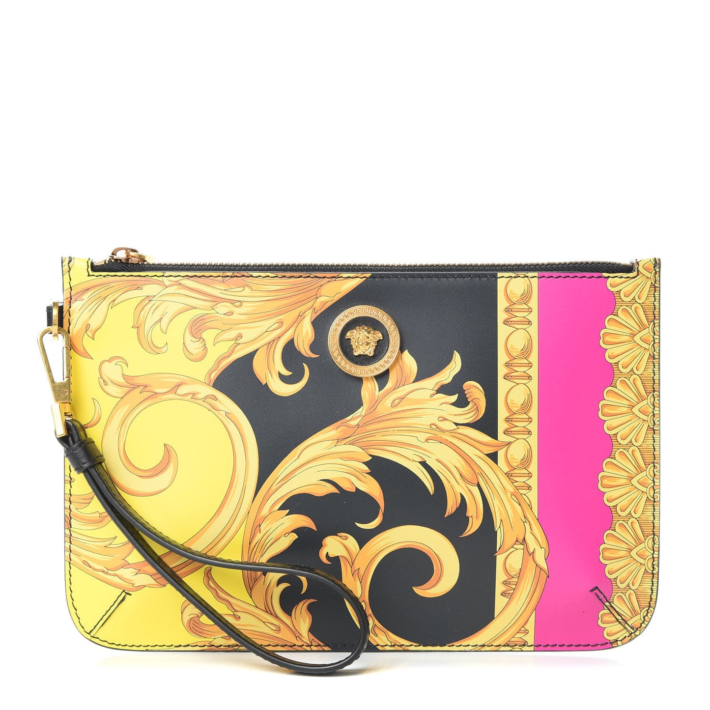 Vitello Baroque Print Icon Wristlet Pouch Black Gold Multi
