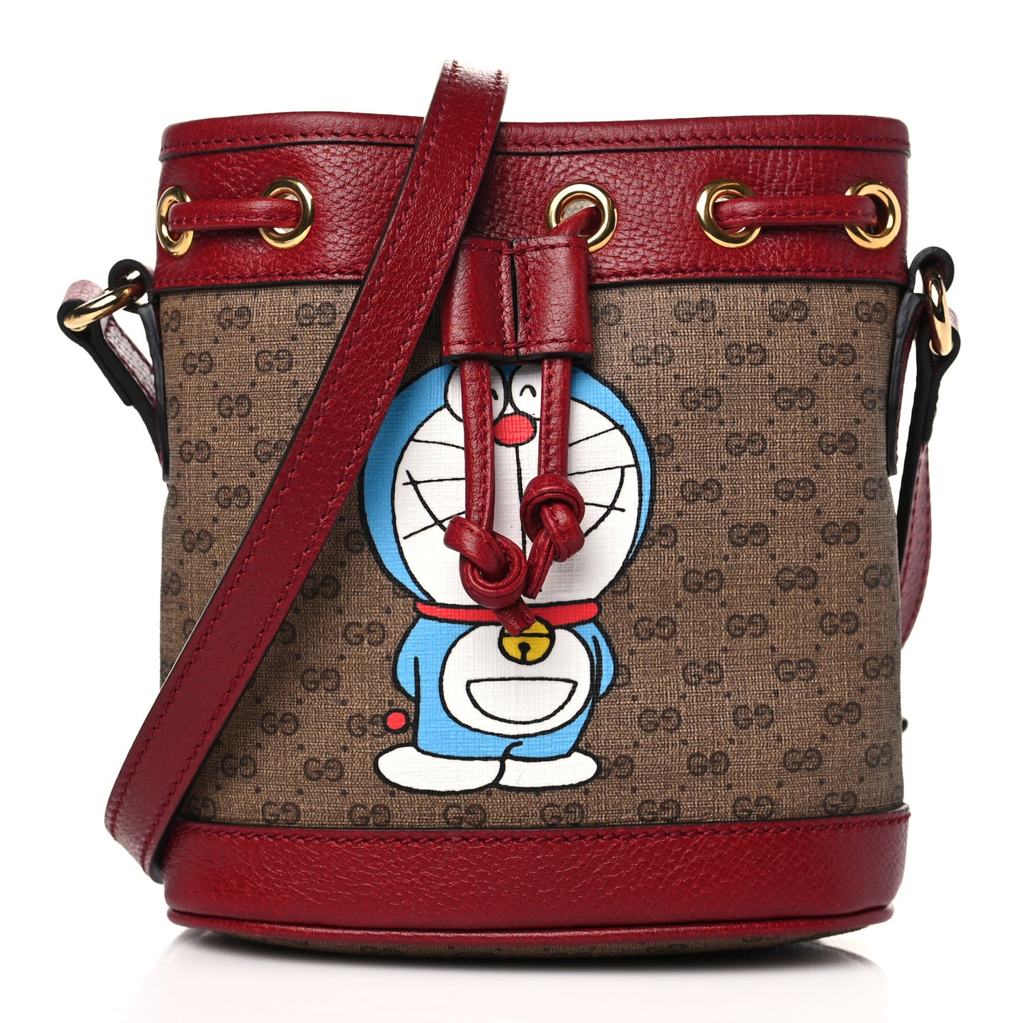 X DORAEMON Mini Vintage GG Supreme Monogram Textured Dollar Calfskin Mini Bucket Bag Beige Ebony Multicolor New Cherry Red
