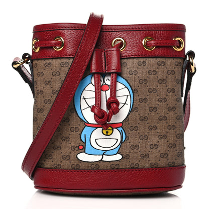 Gucci X DORAEMON Mini Vintage GG Supreme Monogram Textured Dollar Calfskin Mini Bucket Bag Beige Ebony Multicolor New Cherry Red 2 of 9