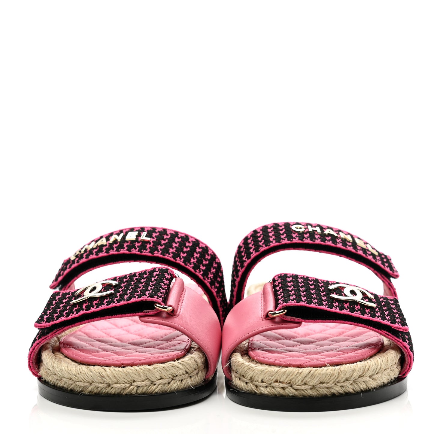 Stretch Fabric Lambskin CC Flat Sandals 37 Pink Black