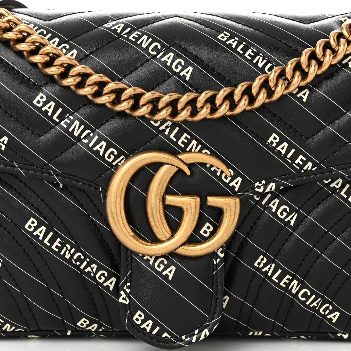 X BALENCIAGA Calfskin Matelasse Logo Print Small GG Marmont Shoulder Bag Black