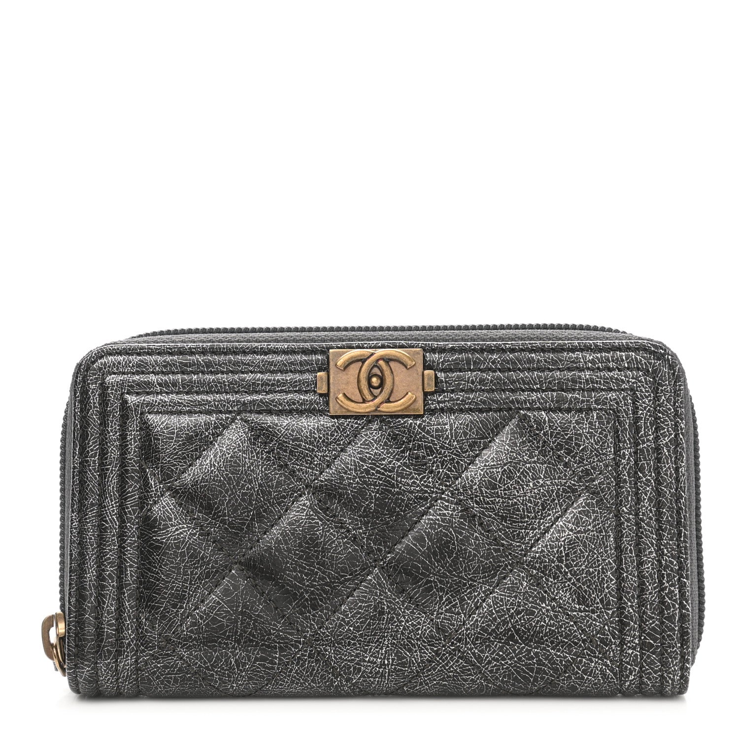 Chanel Cracked Metallic Calfskin Quilted Medium Boy Zip Around Wallet Dark Silver 1 of 18