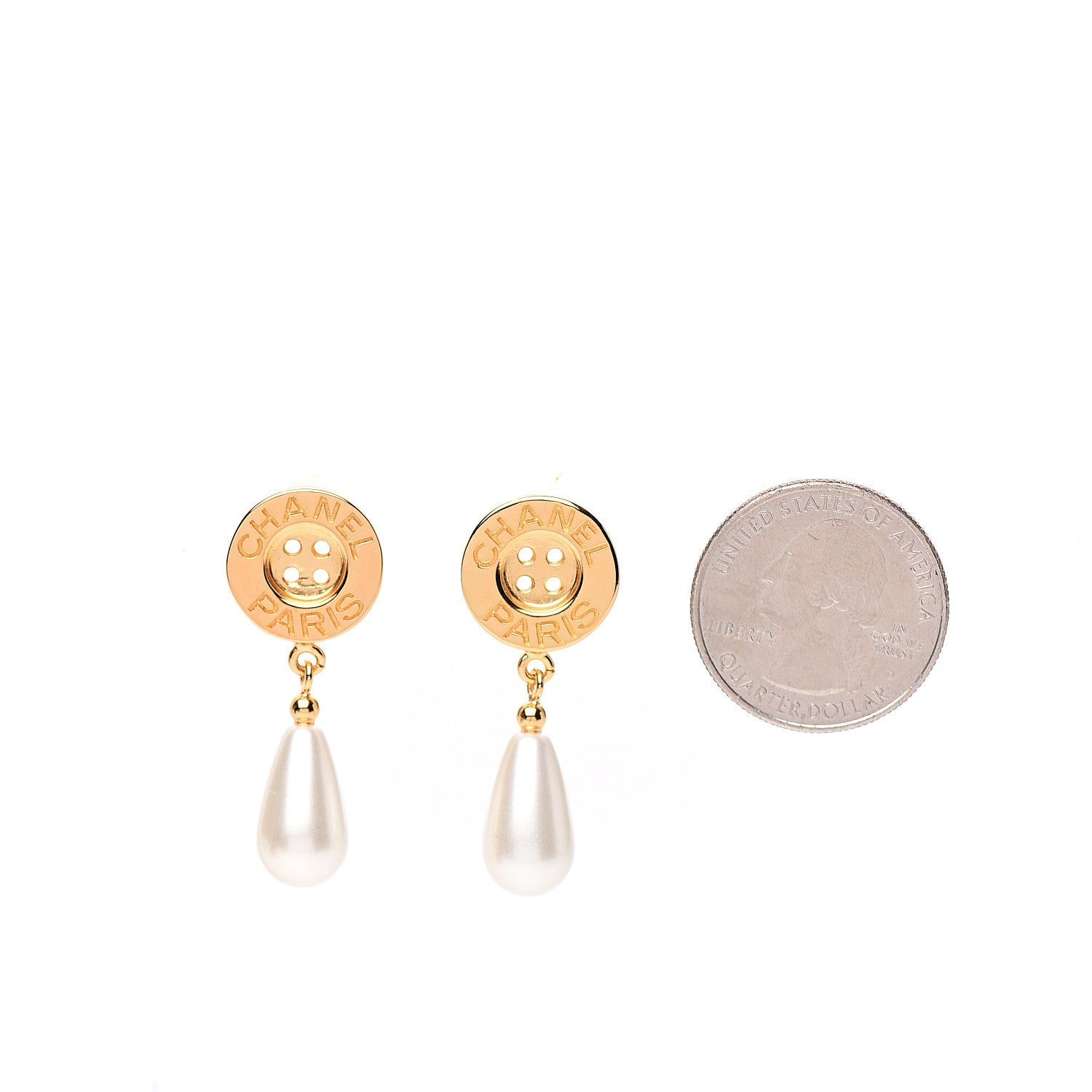 Chanel Metal Pearl Paris Button Drop Earrings Gold 2 of 5