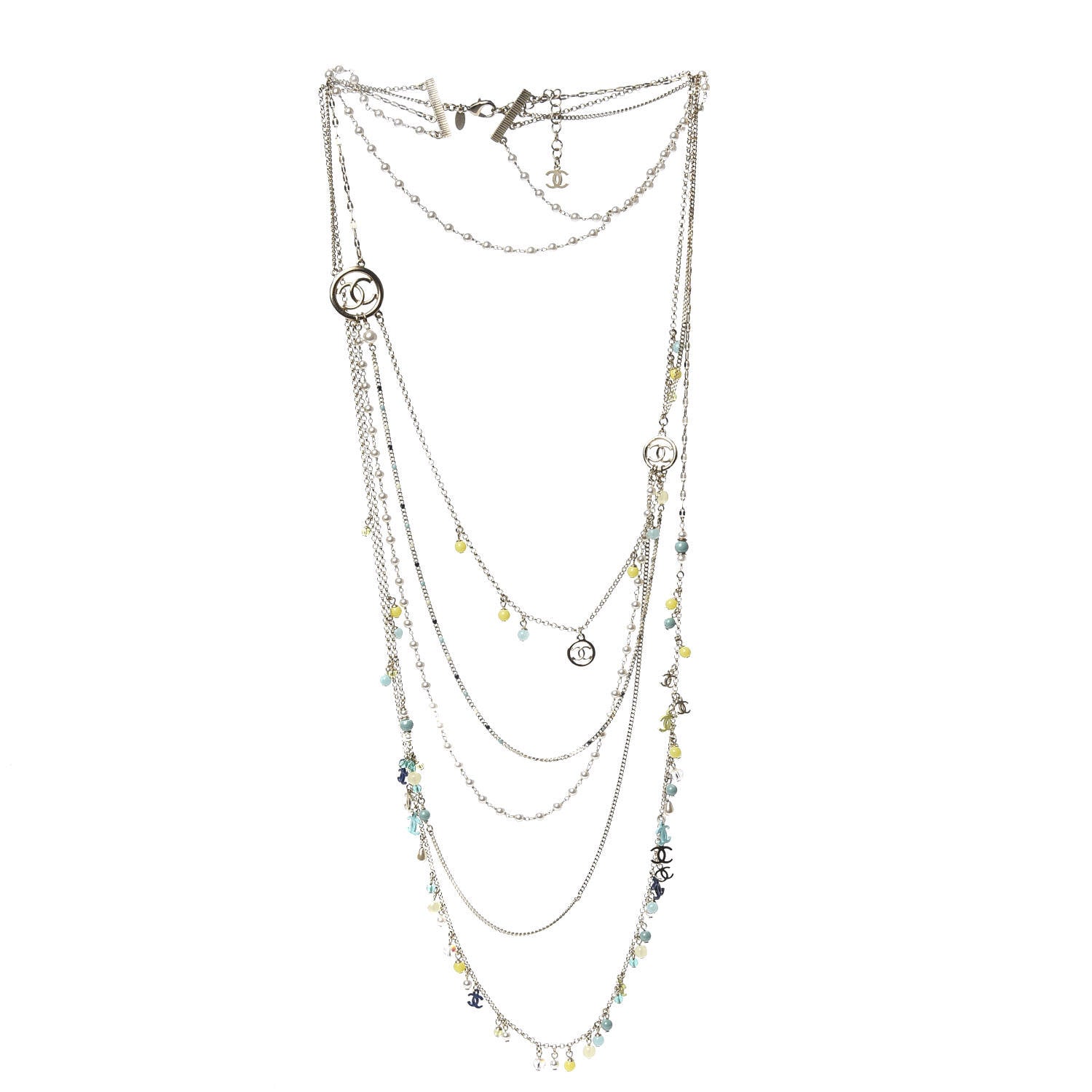Chanel Pearl Beaded Resin CC Multi Strand Long Necklace Silver Nacre 3 of 6