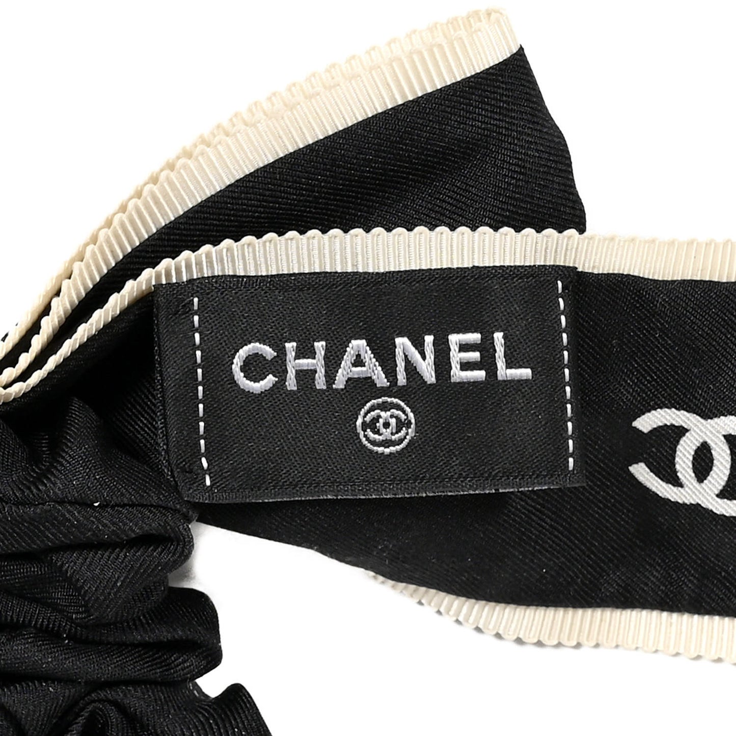 Silk CC Bow Hair Tie Black Ecru