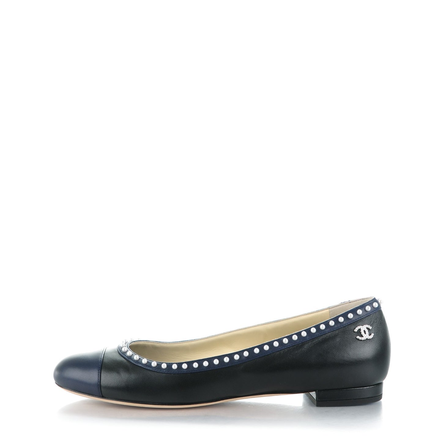 Lambskin Pearl Cap Toe CC Ballerina Flats 40 Black Navy