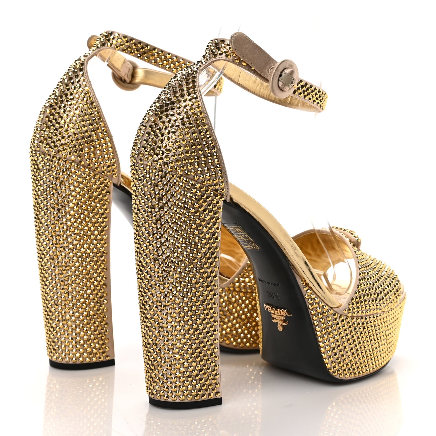 Satin Crystal Triangle Logo 40/135mm Platform Sandals 38.5 Platino