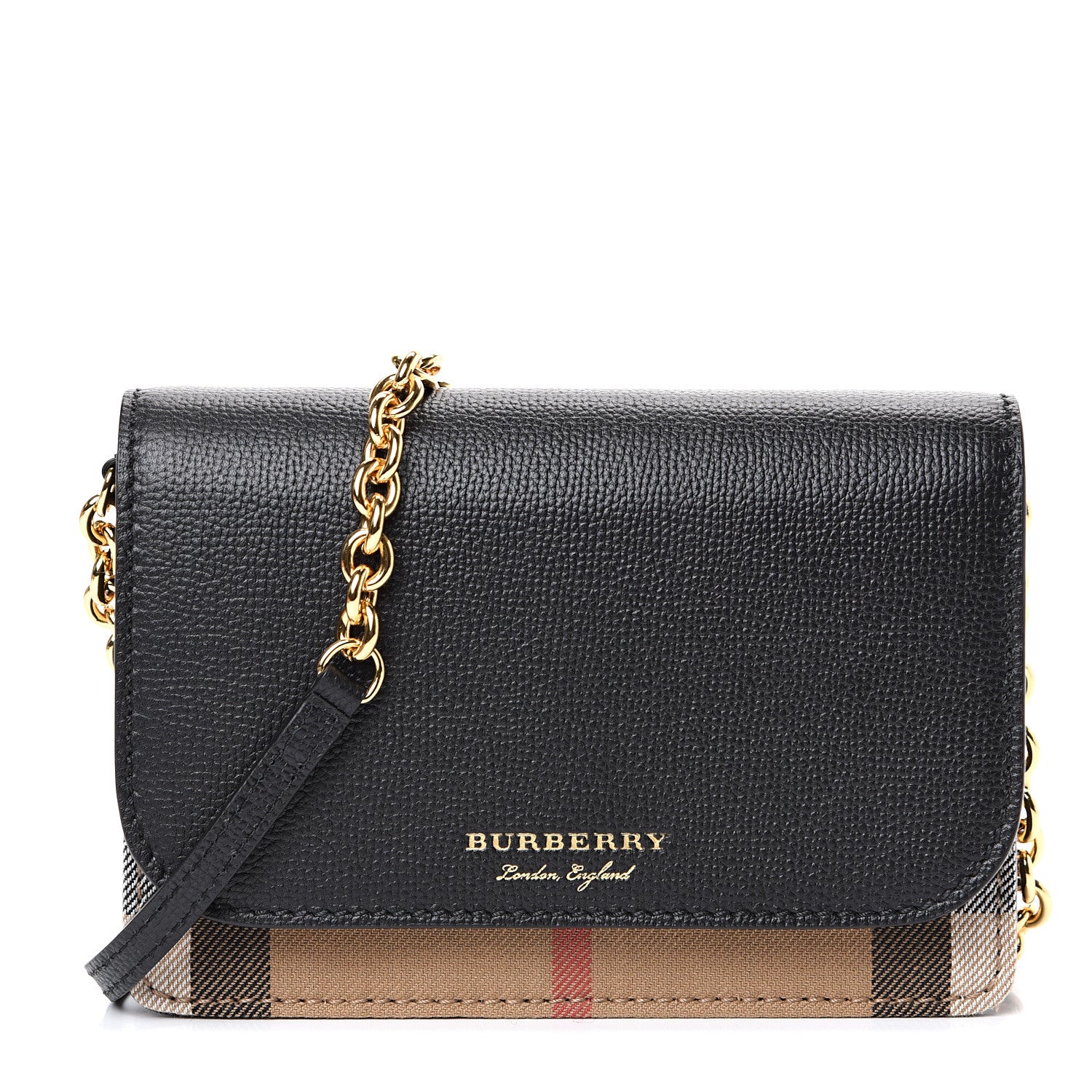 Burberry Derby Calfskin House Check Wallet On Chain Black 1 of 9