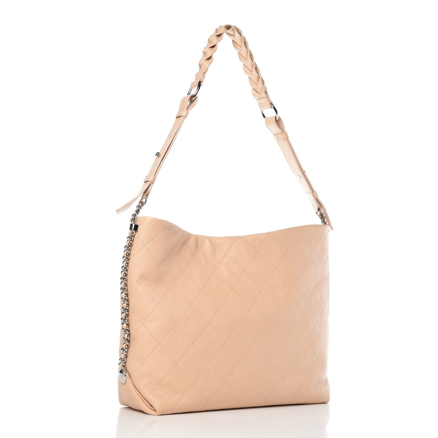 Grained Calfskin Stitched Medium Braided With Style Hobo Beige