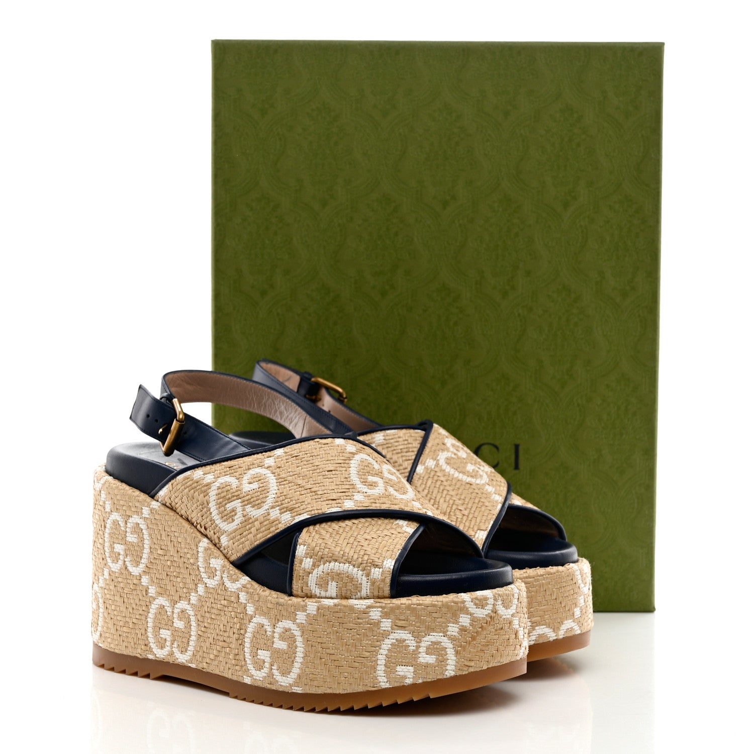 Gucci Raffia Nappa GG Monogram Angelina Platform Slingback Sandals 39.5 Natural Great White Blue Agata 11 of 11